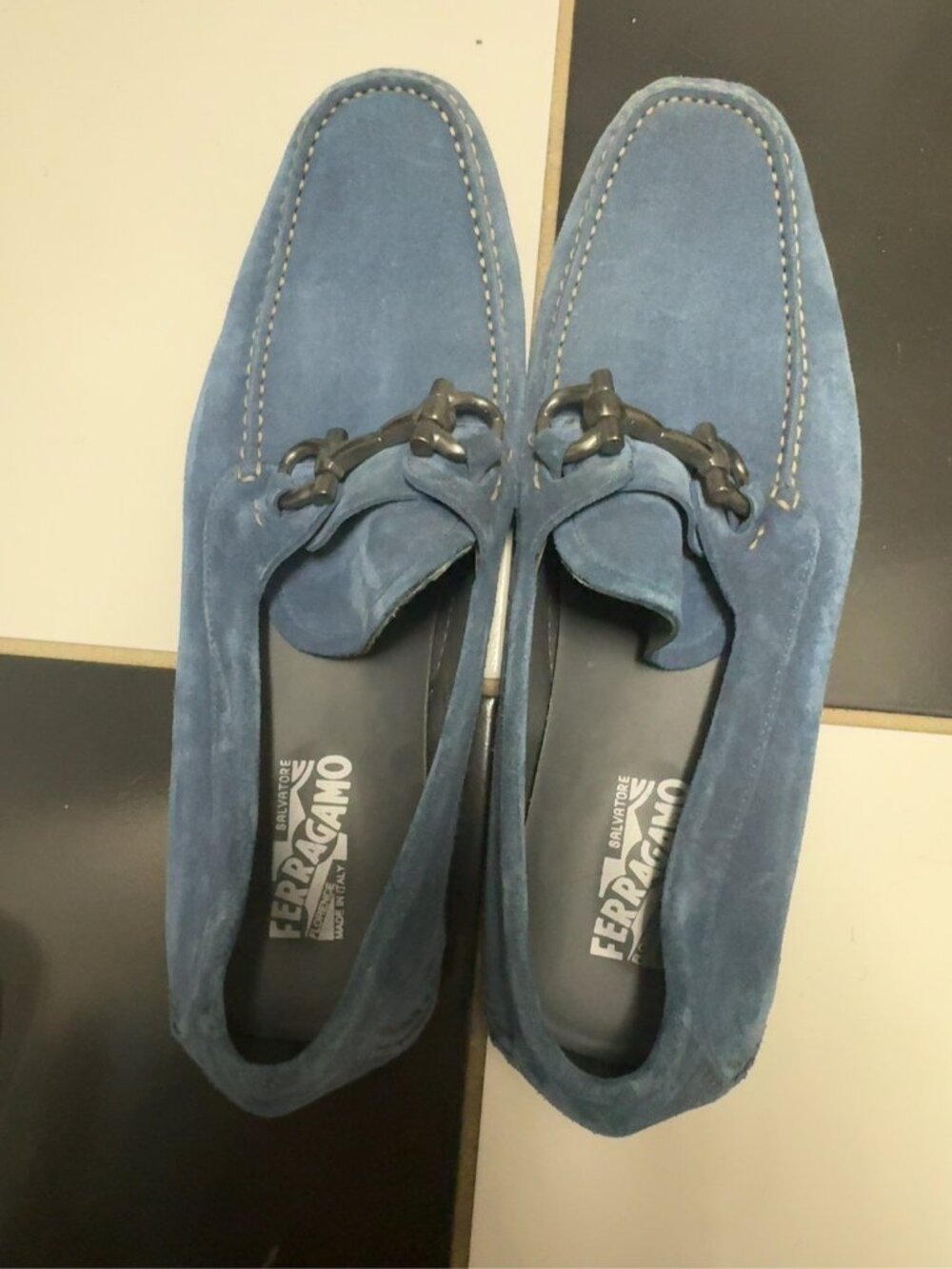 Ferragamo Blue Suede Gancini Driving Loafers 12D - Picture 2 of 4